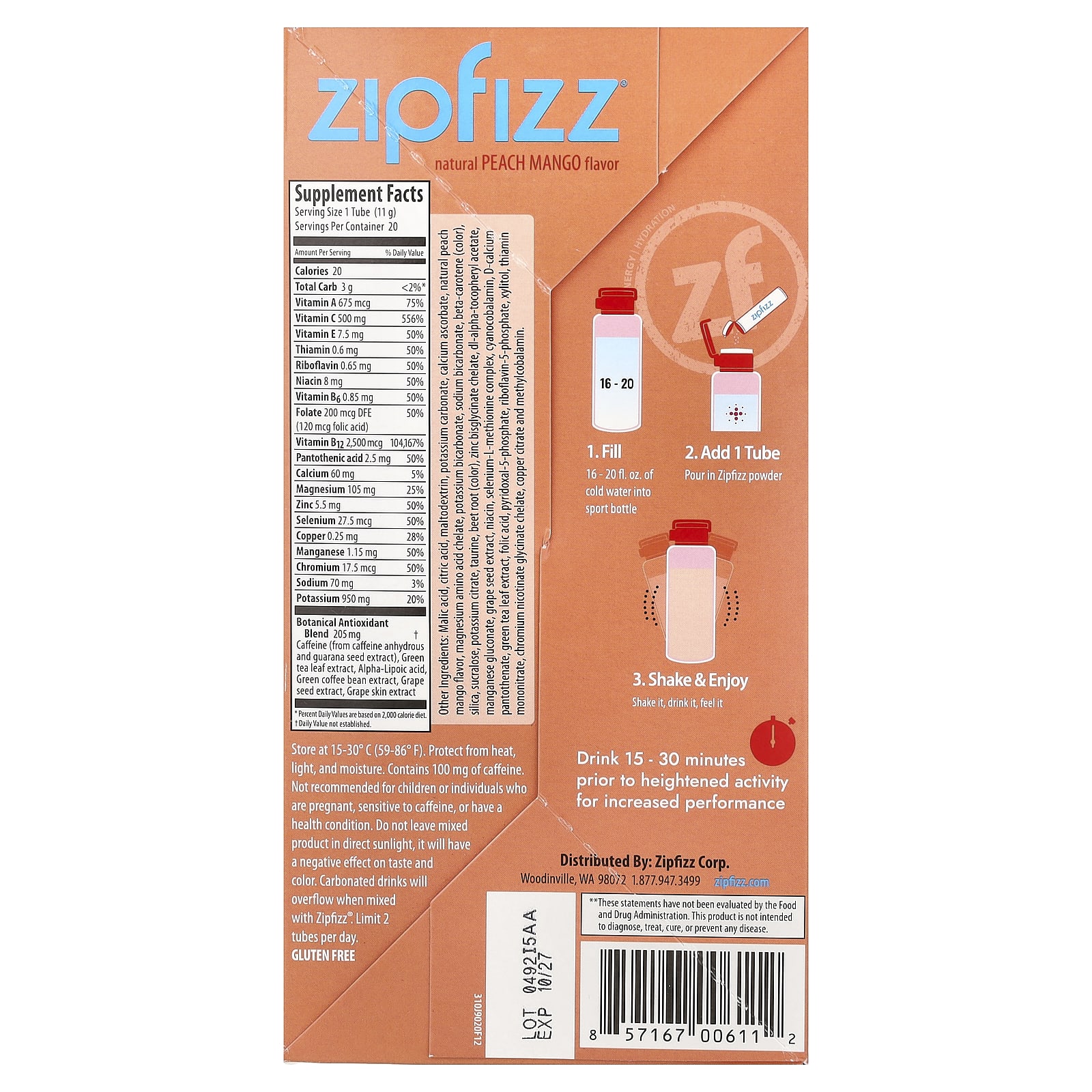 Смесь для энергетического напитка Zipfizz Peach Mango, оттенок 20 Tubes, 11 г, смесь для напитка — фото 3