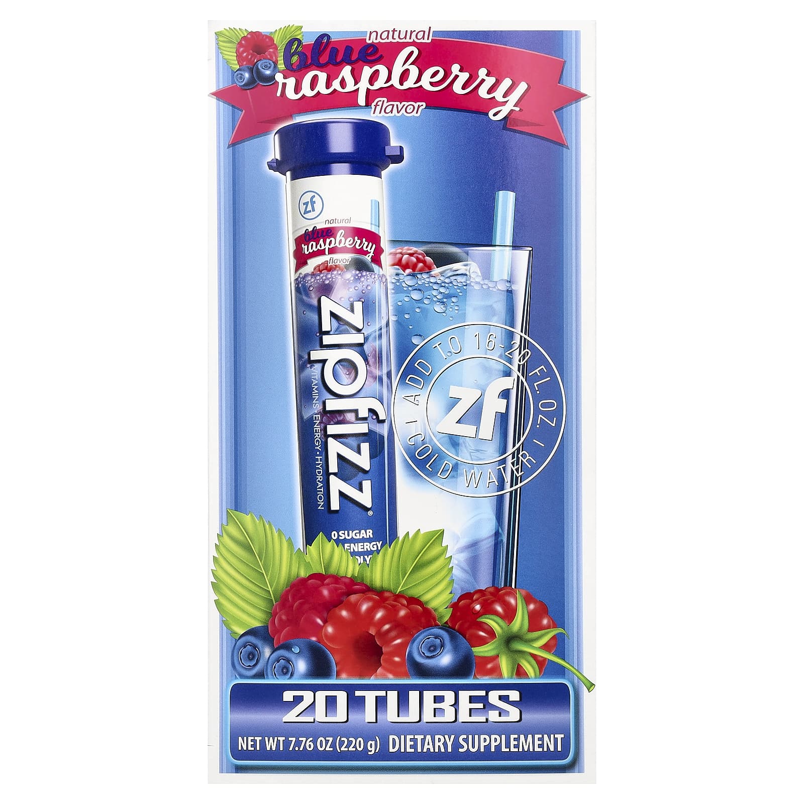 Смесь для энергетического напитка Zipfizz Blue Raspberry, оттенок 20 Tubes, 11 г, смесь для напитка — фото 2