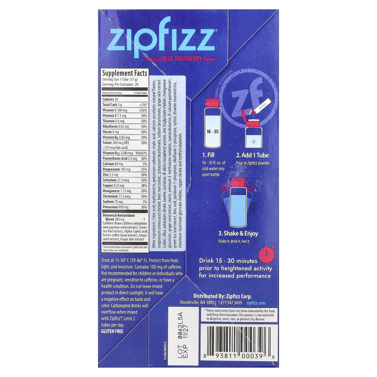 Смесь для энергетического напитка Zipfizz Blue Raspberry, оттенок 20 Tubes, 11 г, смесь для напитка — фото 3