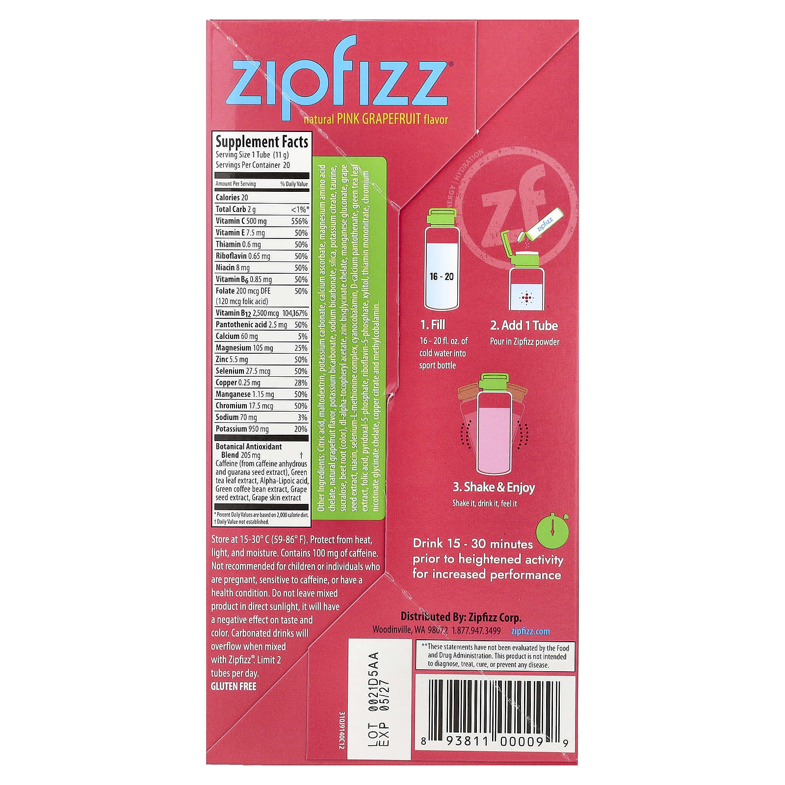 Смесь для энергетического напитка Zipfizz Pink Grapefruit, оттенок 20 Tubes, 11 г, смесь для напитка — фото 3