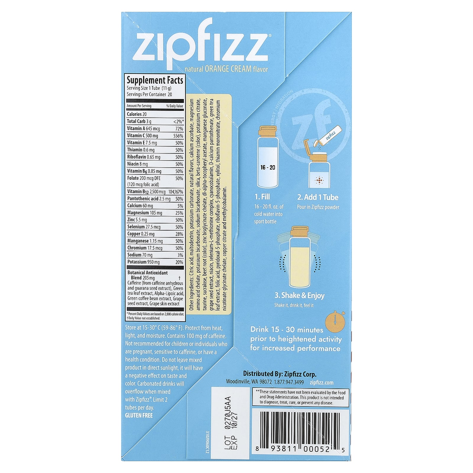 Смесь для энергетического напитка Zipfizz Orange Cream, оттенок 20 Tubes, 11 г, смесь для напитка — фото 3