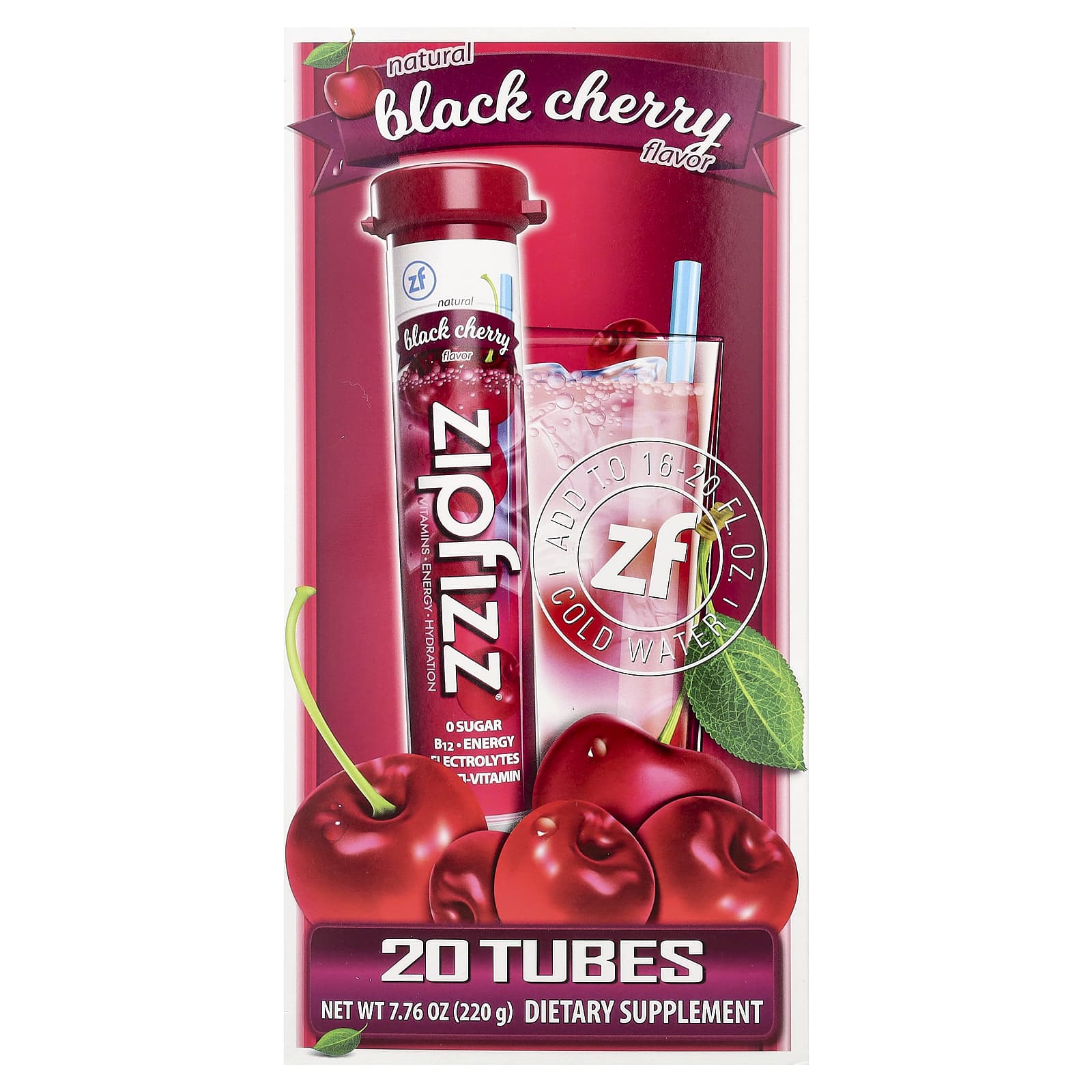 Смесь для энергетического напитка Zipfizz, вкус Black Cherry, 11 г, 20 туб — фото 2