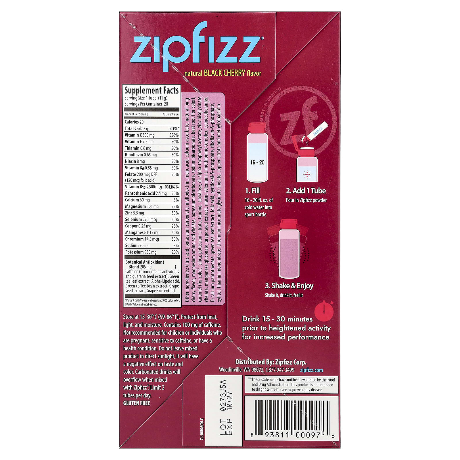 Смесь для энергетического напитка Zipfizz, вкус Black Cherry, 11 г, 20 туб — фото 3