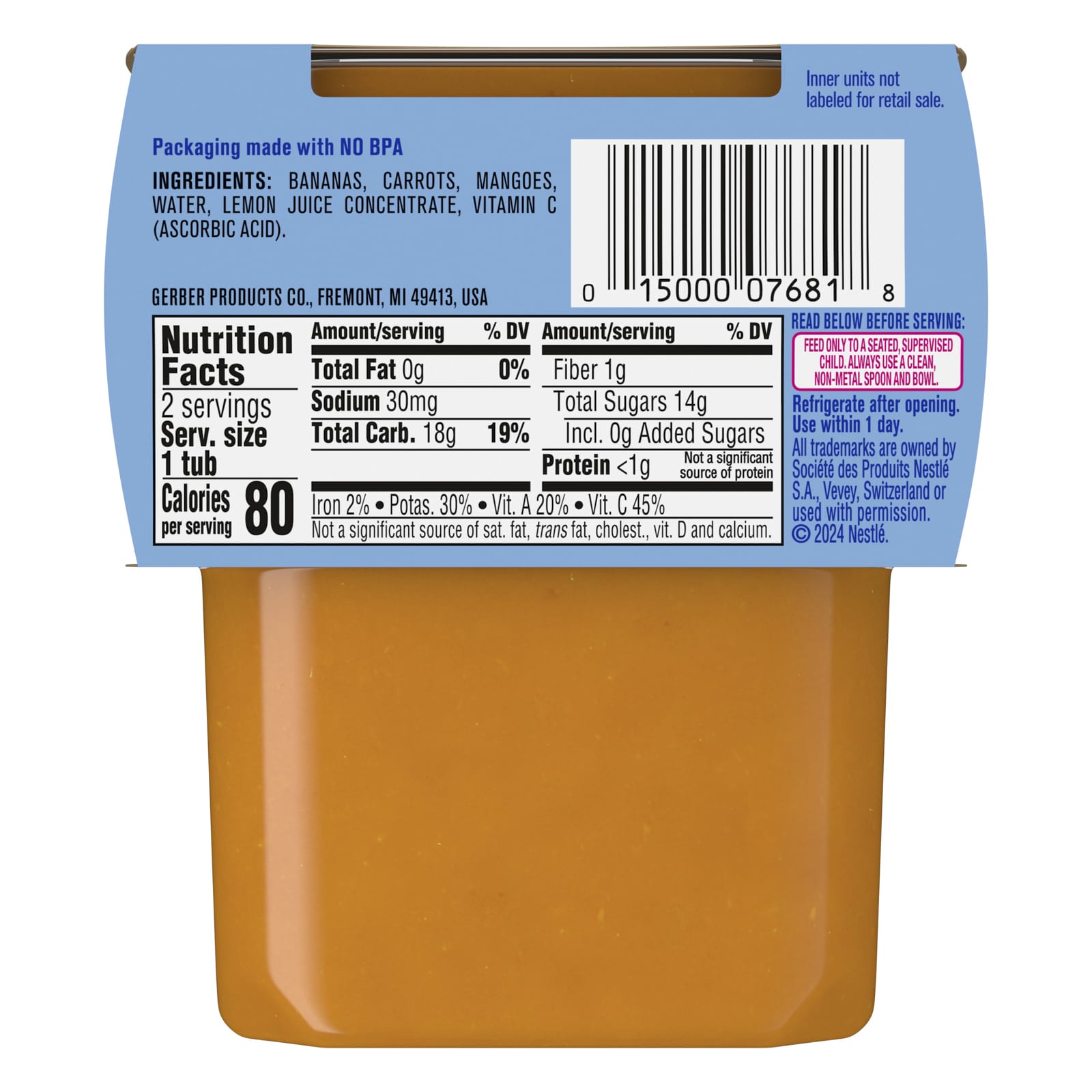 Пюре Gerber, 2 упаковки по 113 г (4 oz), банан, морковь, манго — фото 2