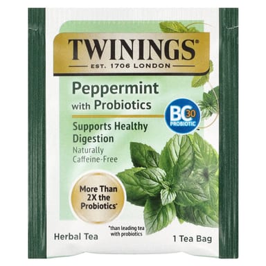 Травяной чай Twinings Peppermint with Probiotics 18 Tea Bags, без кофеина, 36 г, чайные пакетики