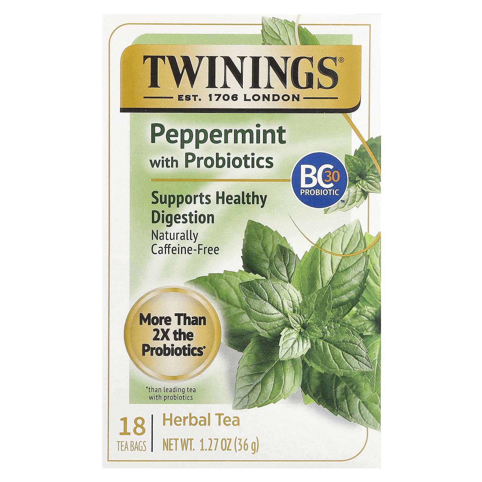 Травяной чай Twinings Peppermint with Probiotics 18 Tea Bags, без кофеина, 36 г, чайные пакетики — фото 2