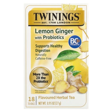 Травяной чай Twinings Flavored 18 Tea Bags, без кофеина, вкус Lemon Ginger With Probiotics, 27 г, чайные пакетики