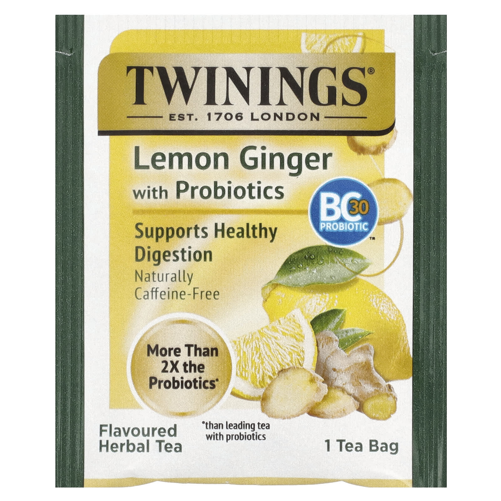 Травяной чай Twinings Flavored 18 Tea Bags, без кофеина, вкус Lemon Ginger With Probiotics, 27 г, чайные пакетики — фото 3