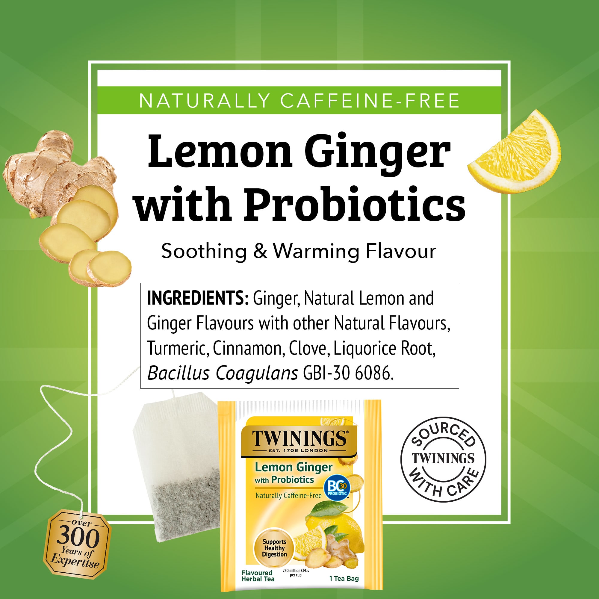 Травяной чай Twinings Flavored 18 Tea Bags, без кофеина, вкус Lemon Ginger With Probiotics, 27 г, чайные пакетики — фото 8