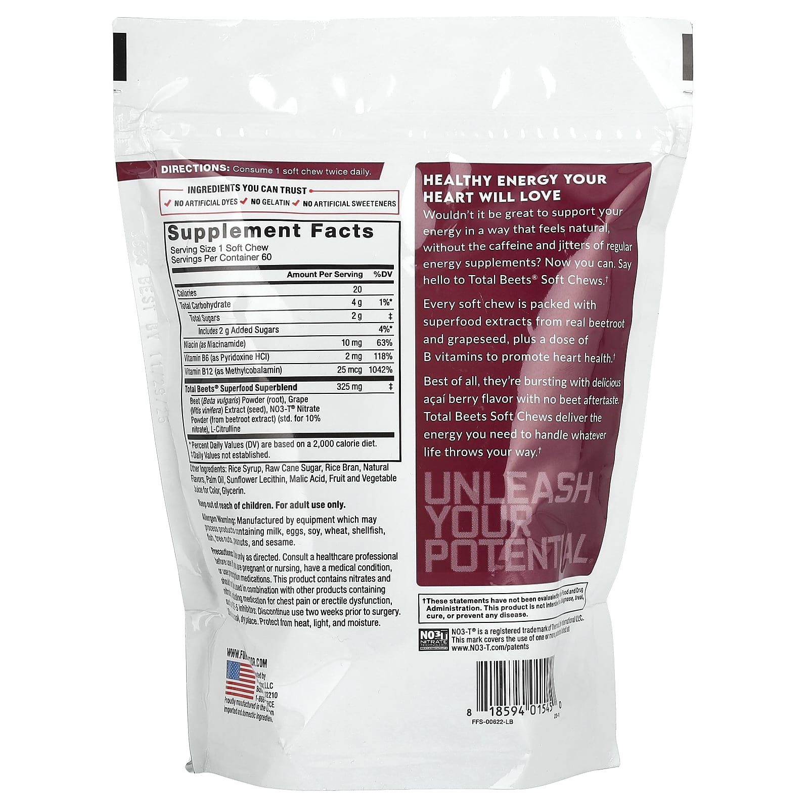 Свекольный комплекс Total Beets Force Factor® Healthy Energy Antioxidants 60 Superfood Soft Chews, вкус Acai Berry, жевательные добавки — фото 2