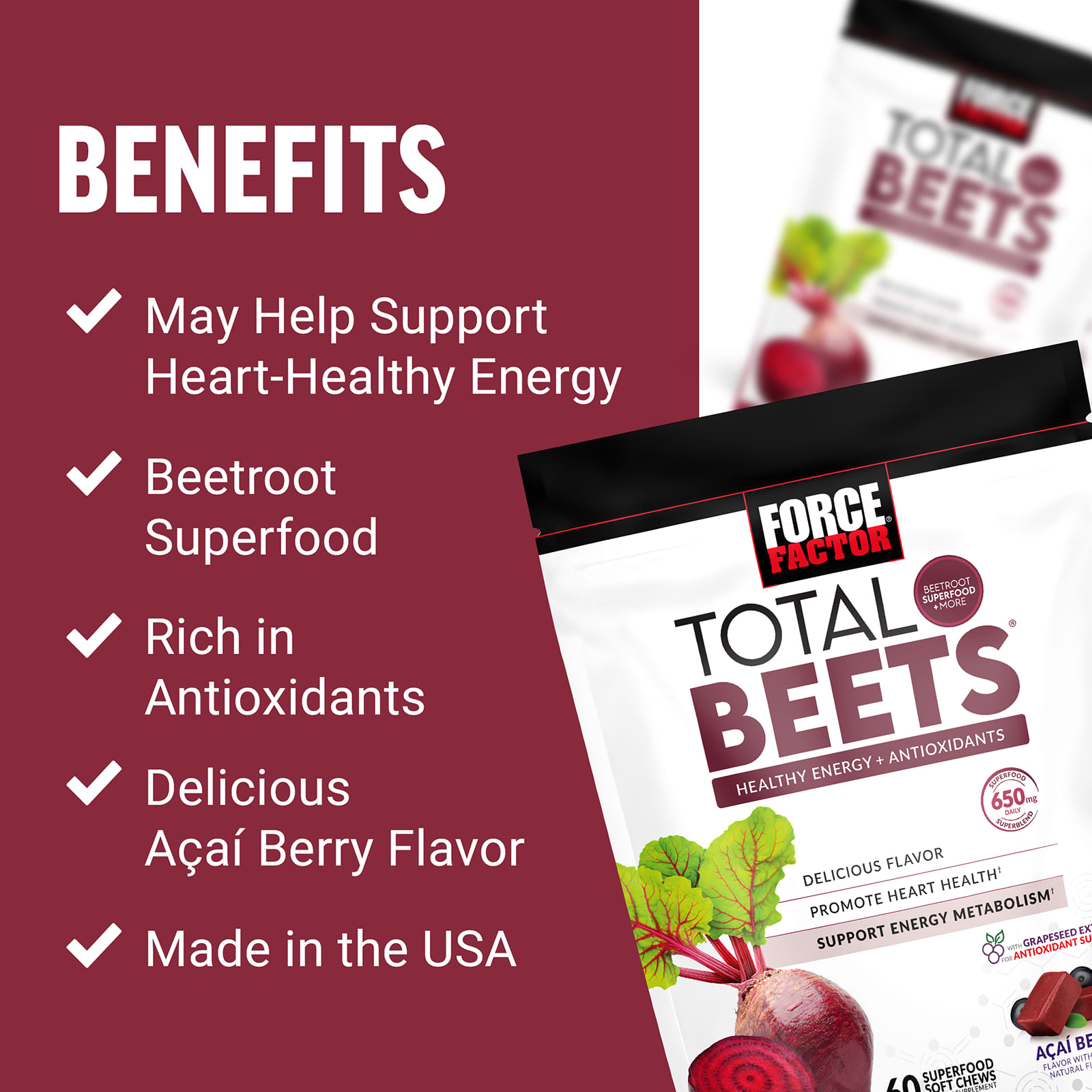 Свекольный комплекс Total Beets Force Factor® Healthy Energy Antioxidants 60 Superfood Soft Chews, вкус Acai Berry, жевательные добавки — фото 3