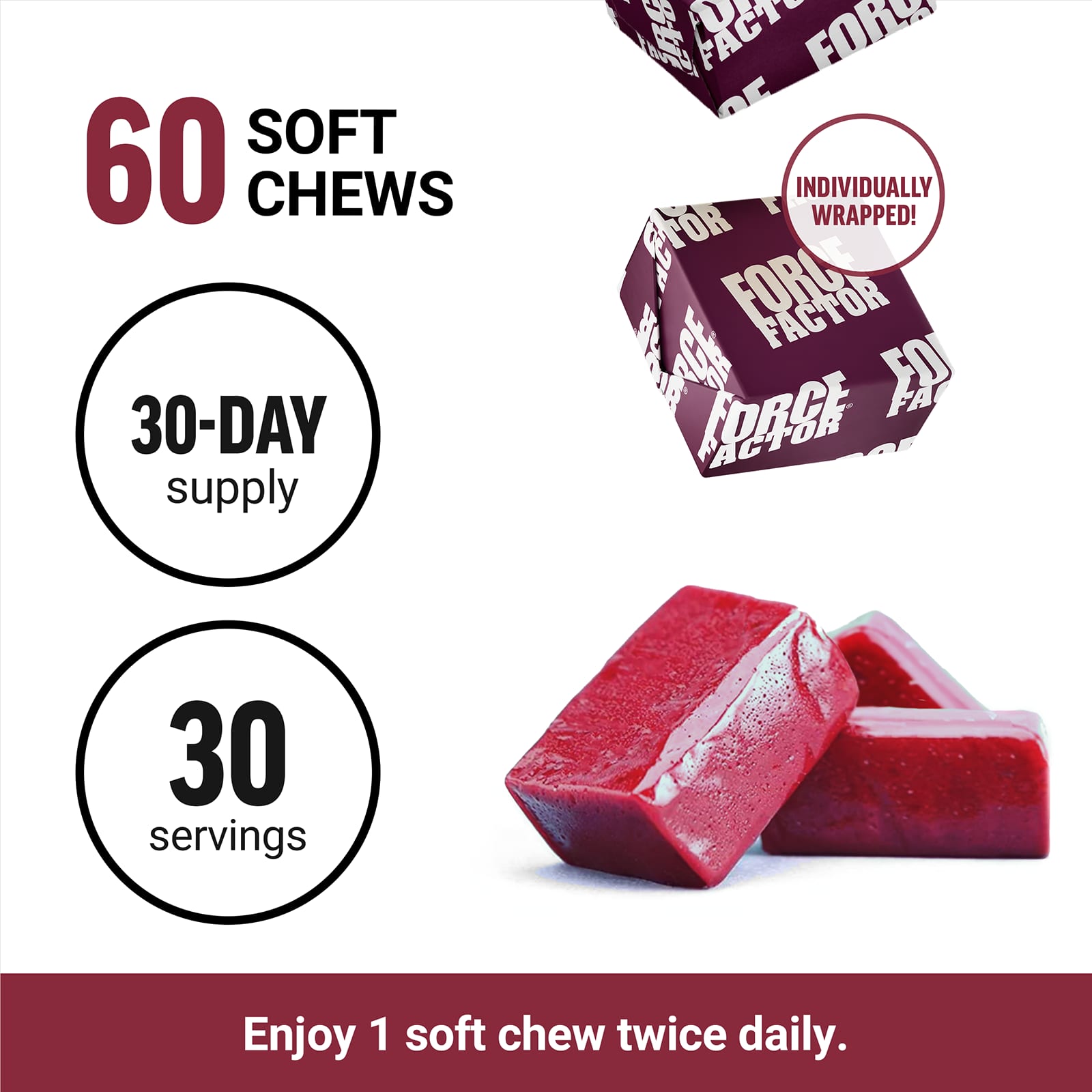Свекольный комплекс Total Beets Force Factor® Healthy Energy Antioxidants 60 Superfood Soft Chews, вкус Acai Berry, жевательные добавки — фото 4