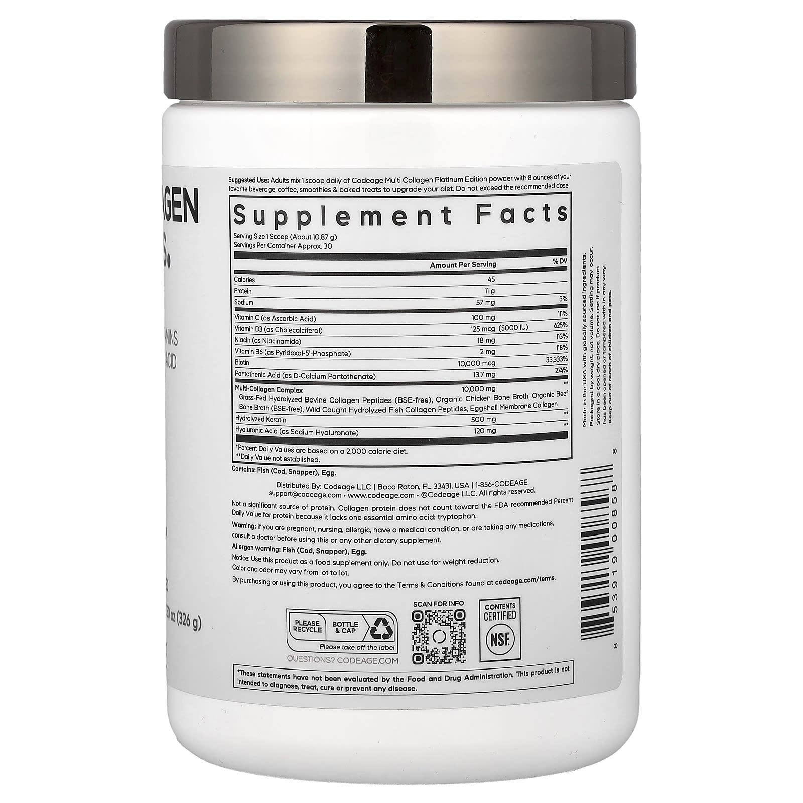 Коллаген Codeage Multi Peptides Powder, без вкуса, оттенок Platinum, 326 г, порошок — фото 3