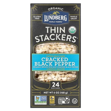 Рис Lundberg Organic Thin Stackers Puffed Grain Cakes Cracked Black Pepper Lightly Salted 24 Cakes, 168 г