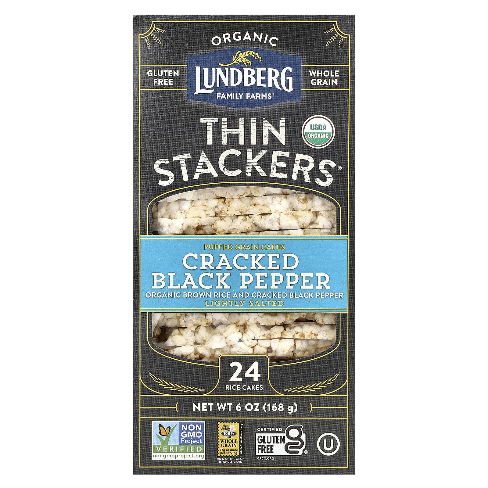 Рис Lundberg Organic Thin Stackers Puffed Grain Cakes Cracked Black Pepper Lightly Salted 24 Cakes, 168 г