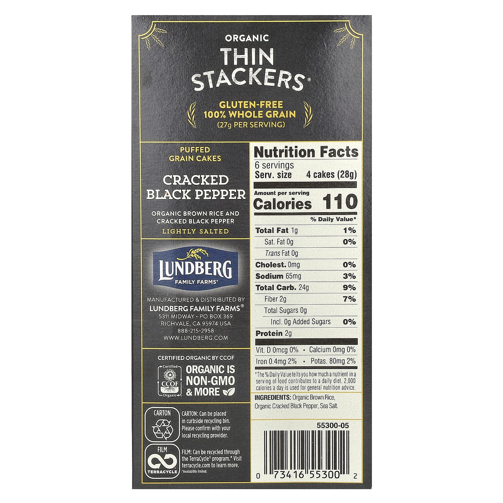Рис Lundberg Organic Thin Stackers Puffed Grain Cakes Cracked Black Pepper Lightly Salted 24 Cakes, 168 г — фото 2