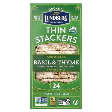 Рис Lundberg Organic Thin Stackers Puffed Grain Cakes Basil & Thyme Lightly Salted 24 Cakes, 168 г
