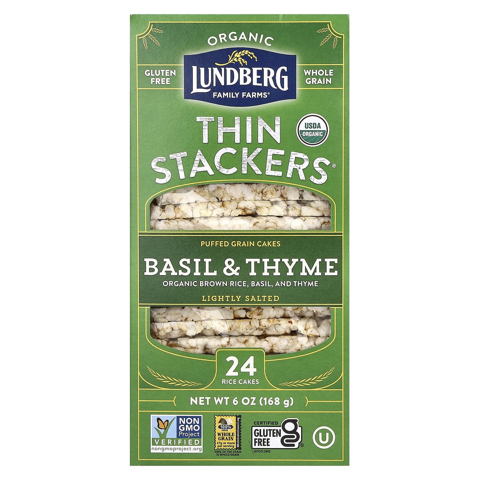 Рис Lundberg Organic Thin Stackers Puffed Grain Cakes Basil & Thyme Lightly Salted 24 Cakes, 168 г