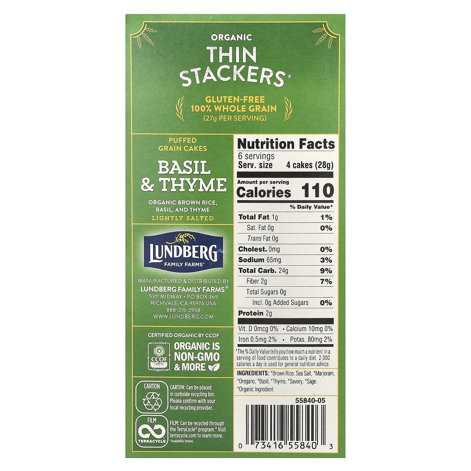 Рис Lundberg Organic Thin Stackers Puffed Grain Cakes Basil & Thyme Lightly Salted 24 Cakes, 168 г — фото 2