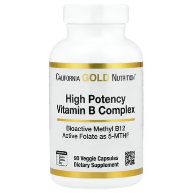 Фото товара: Комплекс витаминов B California Gold Nutrition High Potency with Methyl Folate & Methyl B12, 90 растительных капсул