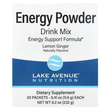 Калий Lake Avenue Nutrition Energy Powder Drink Mix with Sodium Caffeine and Vitamin C Lemon Ginger, оттенок 20 Packets, 11.6 г, смесь для напитка