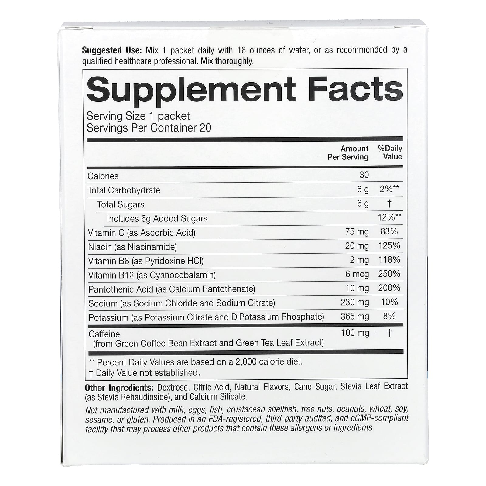 Калий Lake Avenue Nutrition Energy Powder Drink Mix with Sodium Caffeine and Vitamin C Lemon Ginger, оттенок 20 Packets, 11.6 г, смесь для напитка — фото 2
