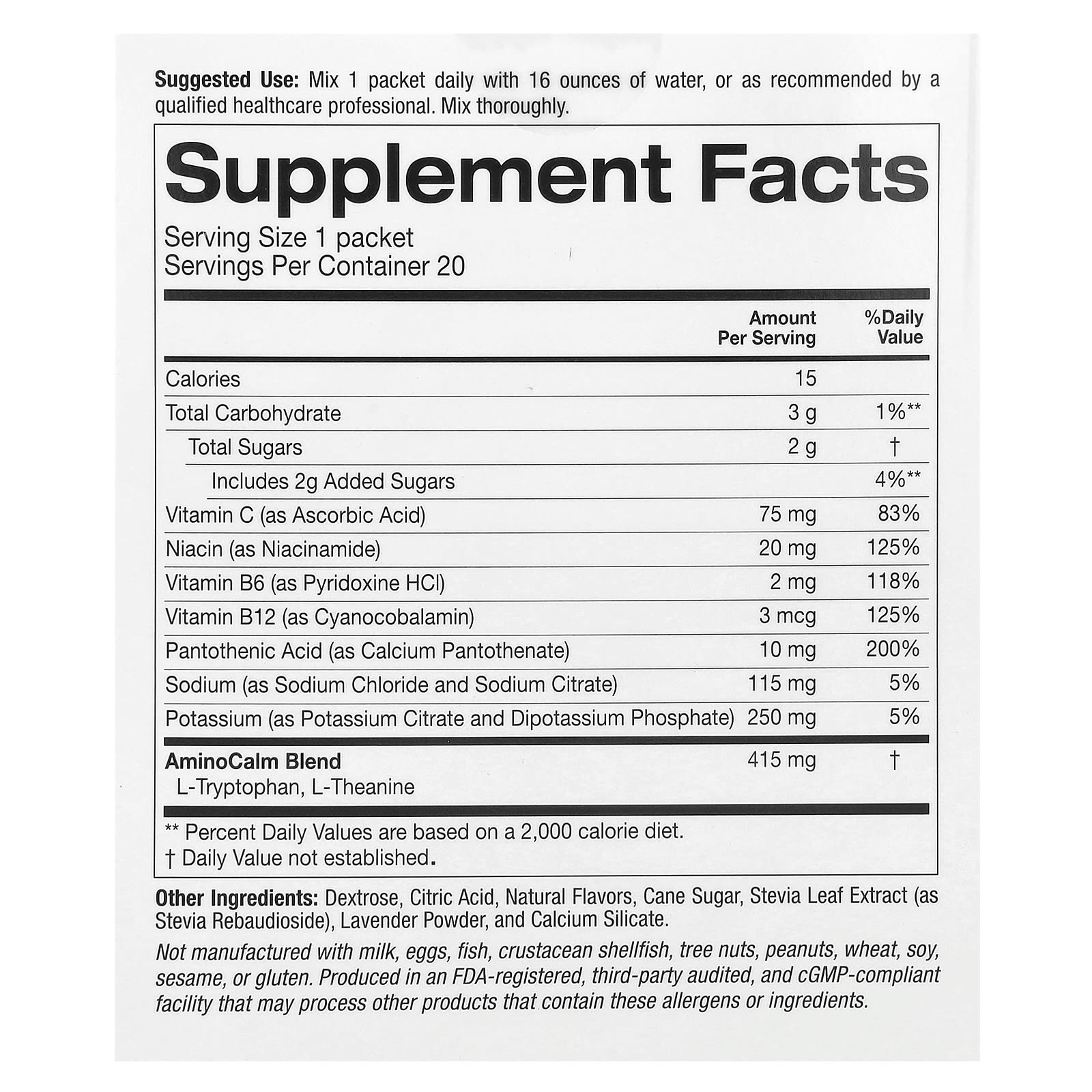 L-теанин Lake Avenue Nutrition Calm Powder Drink Mix with Potassium and AminoCalm Blend L-Tryptophan and L-Theanine Blueberry Lavender, оттенок 20 Packets, 5.5 г, смесь для напитка — фото 3