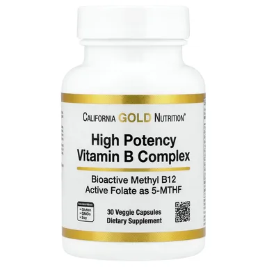 Фото товара: Комплекс витаминов B California Gold Nutrition High Potency with Methyl Folate & Methyl B12, 30 растительных капсул
