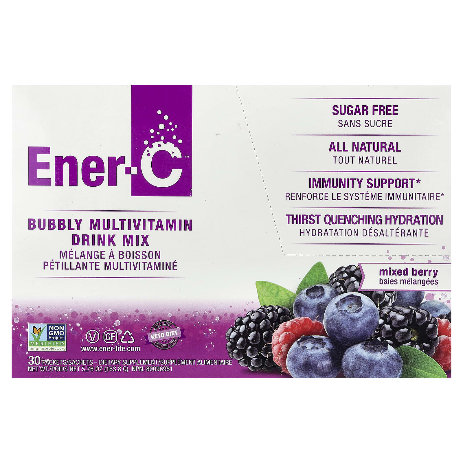 Мультивитамины Ener-C Bubbly Drink Mix Mixed Berry, оттенок 30 Packets, 5.46 г, смесь для напитка — фото 3