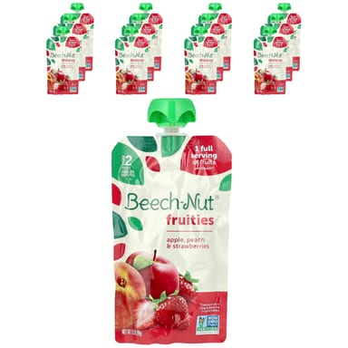 Фрукты Beech-Nut, 6+ месяцев, Яблоко, Персик и Клубника, 12 пакетиков по 99 г