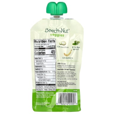 Овощи Beech-Nut, 6+ месяцев, Цукини, Шпинат и Банан, 12 пакетиков по 99 г