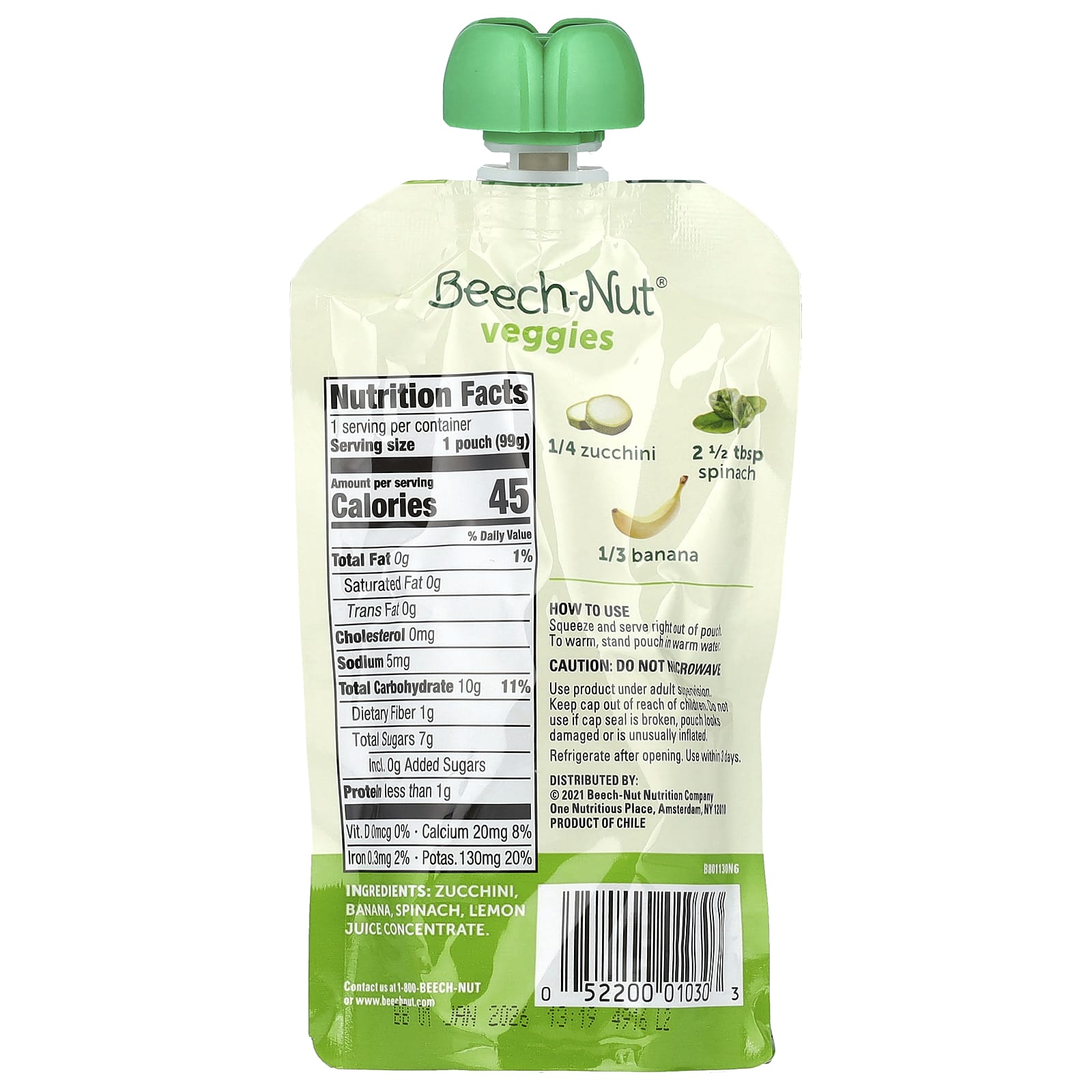 Овощи Beech-Nut, 6+ месяцев, Цукини, Шпинат и Банан, 12 пакетиков по 99 г