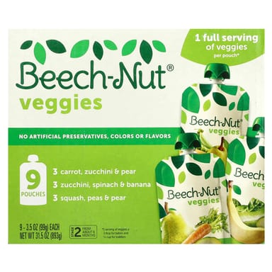 Овощи Beech-Nut, 6+ месяцев, ассорти, 9 пакетов по 99 г