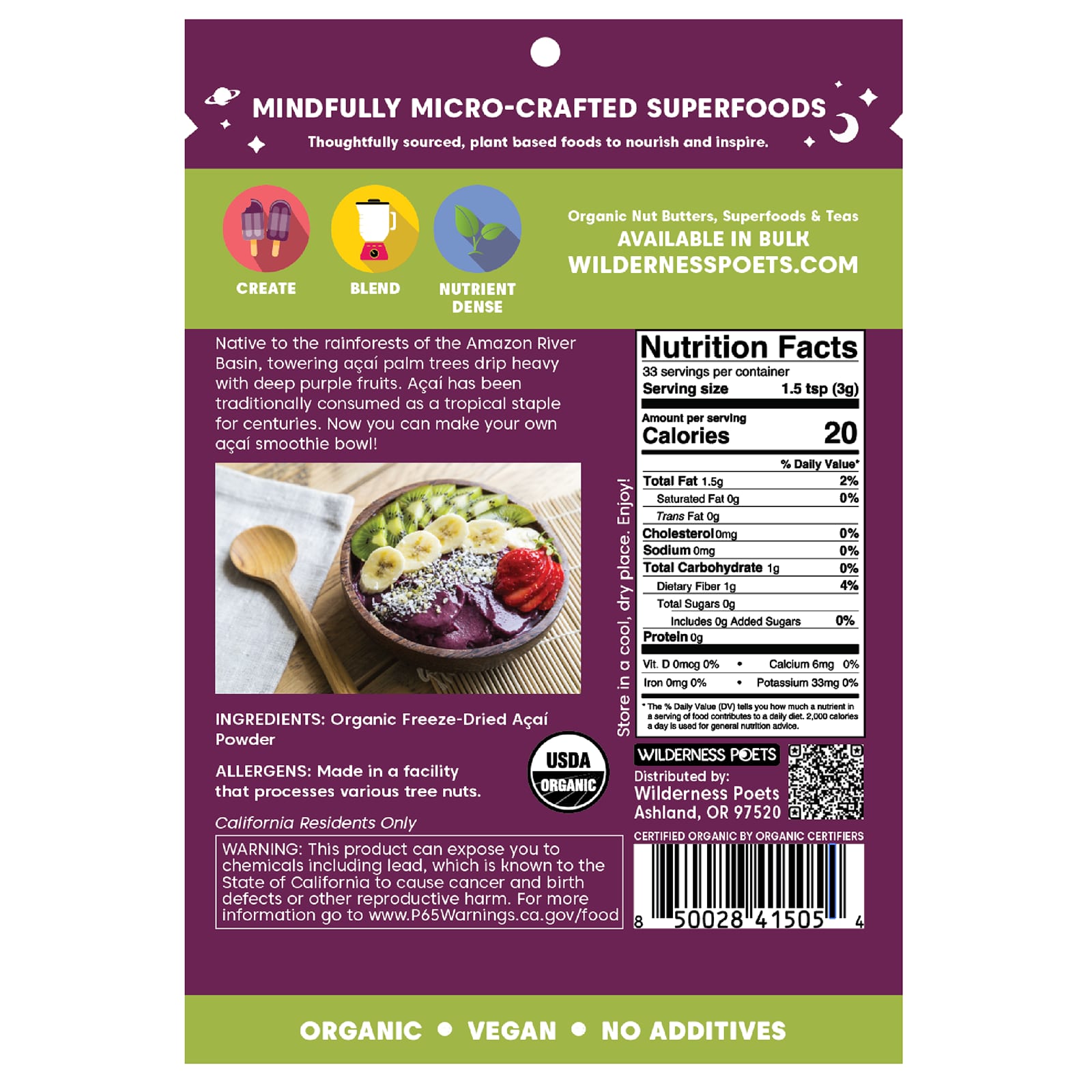 Порошок Wilderness Poets, вкус Organic Brazilian Acai Berry Powder, 99 г — фото 2