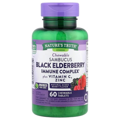 Бузина Nature's Truth Sambucus Immune Complex Plus Vitamin C & Zinc Natural Mixed Berry, вкус Sambucus Black Elderberry Immune Complex Plus Vitamin C & Zinc, Natural Mixed Berry, 60 жевательных таблеток