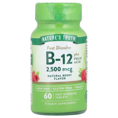 Витамин B12 Nature's Truth plus Folic Acid 60 Fast Dissolve Tablets, вкус Natural Berry, 2500 мкг, таблетки