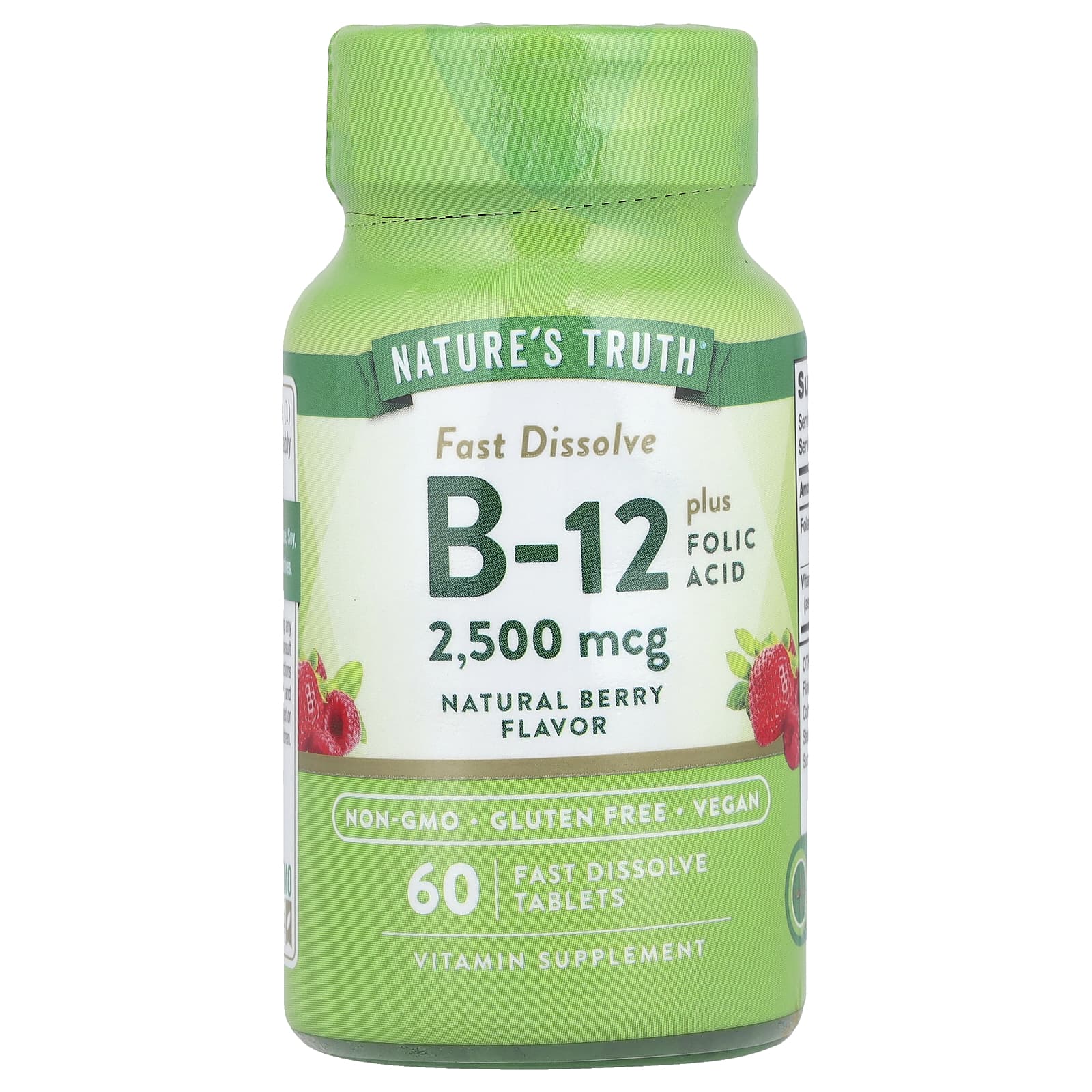 Витамин B12 Nature's Truth plus Folic Acid 60 Fast Dissolve Tablets, вкус Natural Berry, 2500 мкг, таблетки