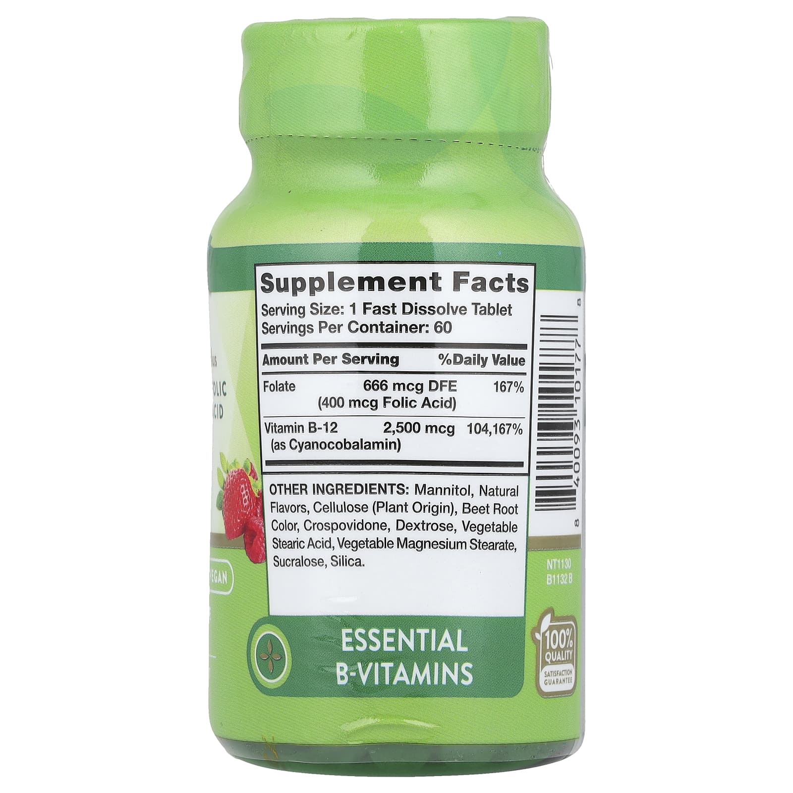 Витамин B12 Nature's Truth plus Folic Acid 60 Fast Dissolve Tablets, вкус Natural Berry, 2500 мкг, таблетки — фото 2