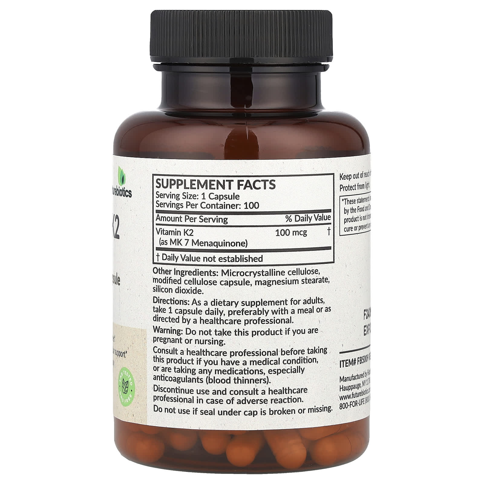 Витамин K2 MK-7 Futurebiotics Vitamin K2 as MK-7, 100 мкг, 100 растительных капсул — фото 2