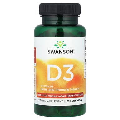 Витамин D3 Swanson Highest Potency, 125 мкг (5000 МЕ), 250 мягких капсул