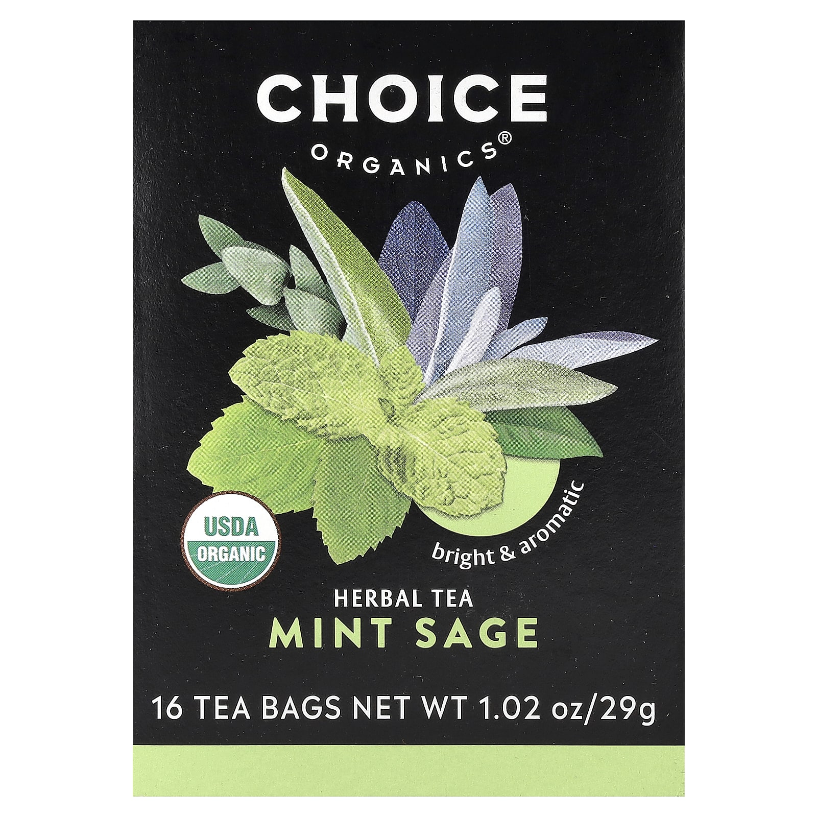 Травяной чай Choice Organics Mint Sage 16 Tea Bags, без кофеина, 29 г, чайные пакетики — фото 2