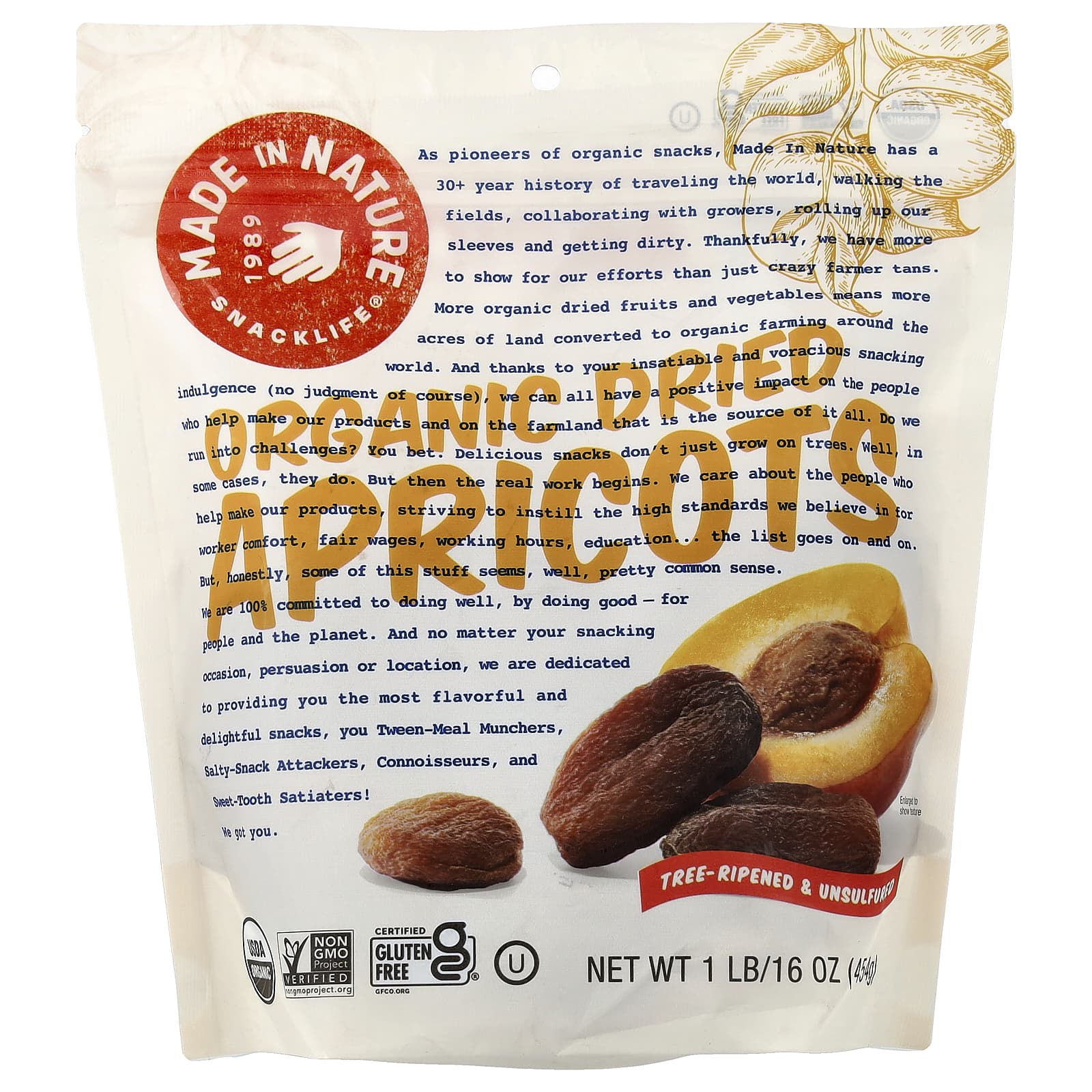 Сушёные абрикосы Made in Nature Organic Tree-Ripened & Unsulfured, 454 г