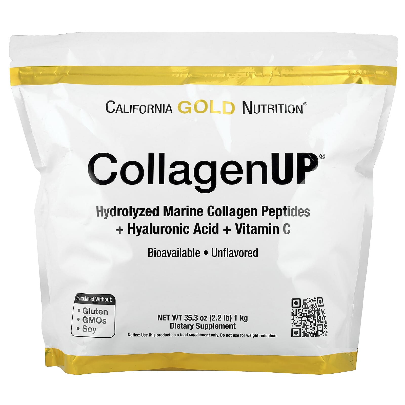 Гиалуроновая кислота California Gold Nutrition CollagenUP® Hydrolyzed Marine Collagen Peptides with and Vitamin C, без вкуса, 1 кг — фото 1
