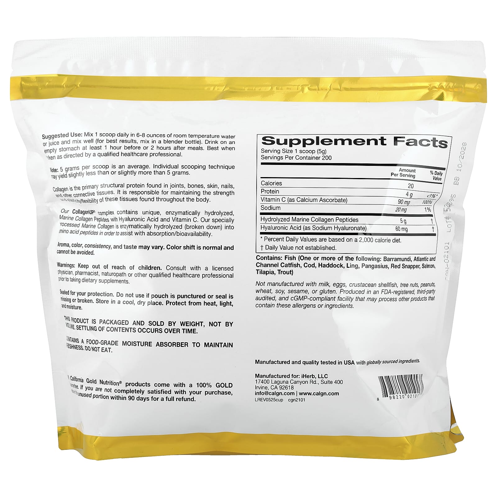 Гиалуроновая кислота California Gold Nutrition CollagenUP® Hydrolyzed Marine Collagen Peptides with and Vitamin C, без вкуса, 1 кг — фото 2