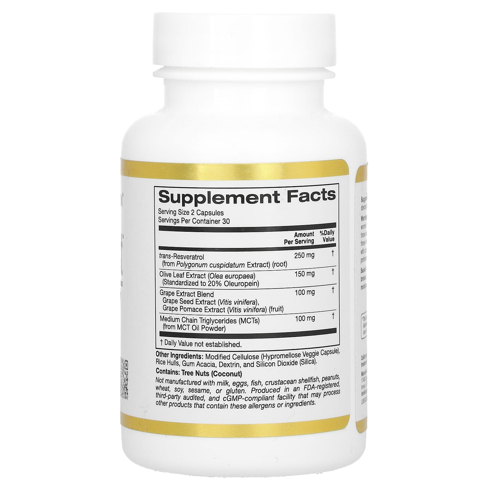 Ресвератрол California Gold Nutrition Longevity Boost with trans- Olive Leaf Extract, вкус Grape Extract Blend and Medium Chain Triglycerides, 60 растительных капсул — фото 3