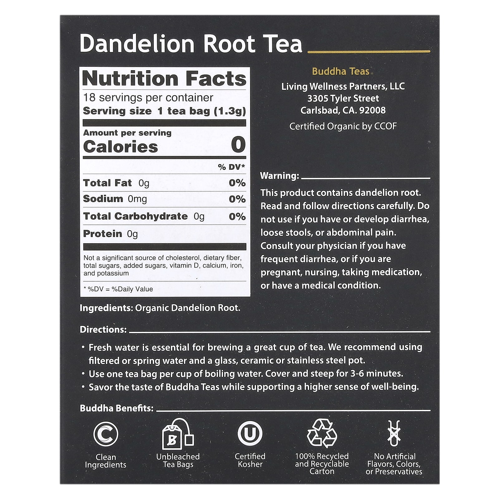 Травяной чай Buddha Teas Organic Dandelion Root 18 Tea Bags, без кофеина, 24 г, чайные пакетики — фото 3