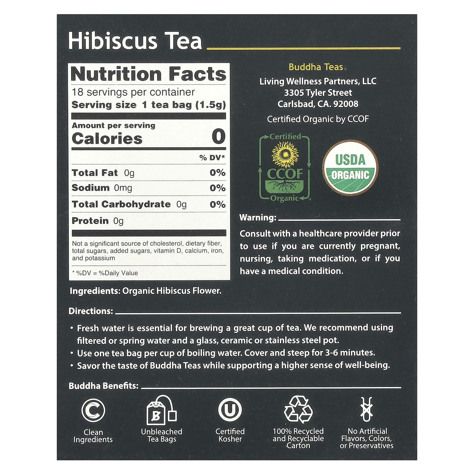 Травяной чай Buddha Teas Organic 18 Tea Bags, без кофеина, оттенок Hibiscus, 27 г, чайные пакетики — фото 2