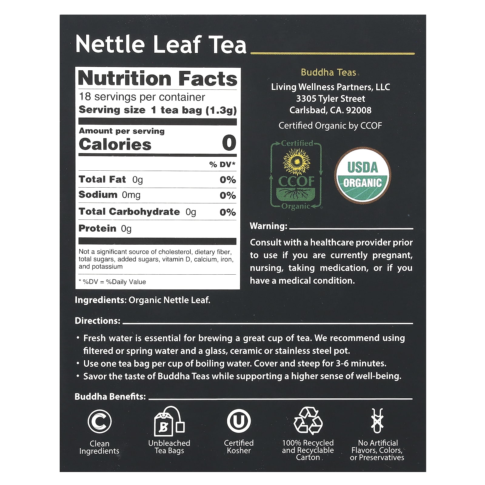 Травяной чай Buddha Teas Organic Nettle Leaf 18 Tea Bags, без кофеина, 24 г, чайные пакетики — фото 2