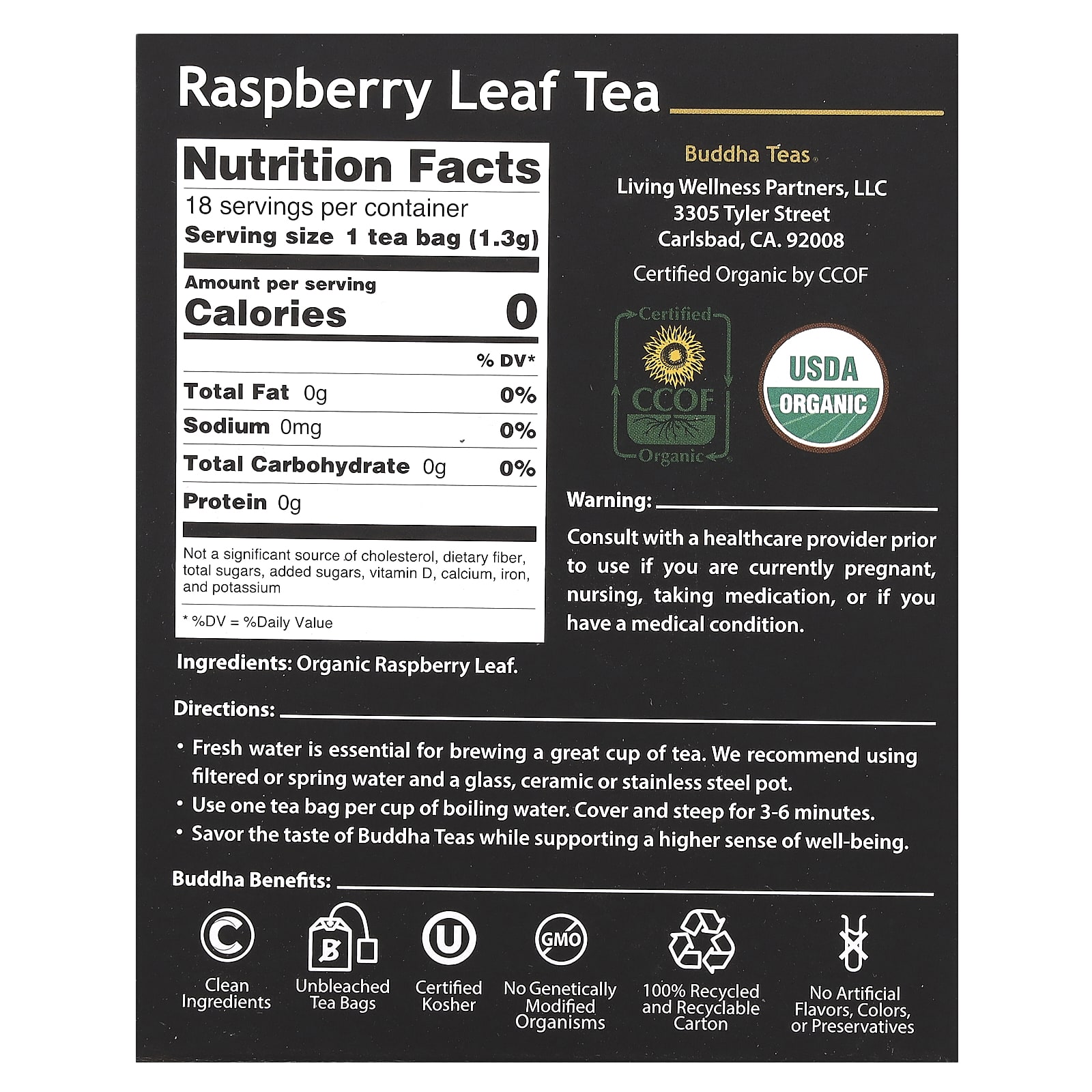 Травяной чай Buddha Teas Organic 18 Tea Bags, без кофеина, вкус Raspberry Leaf, 24 г, чайные пакетики — фото 2