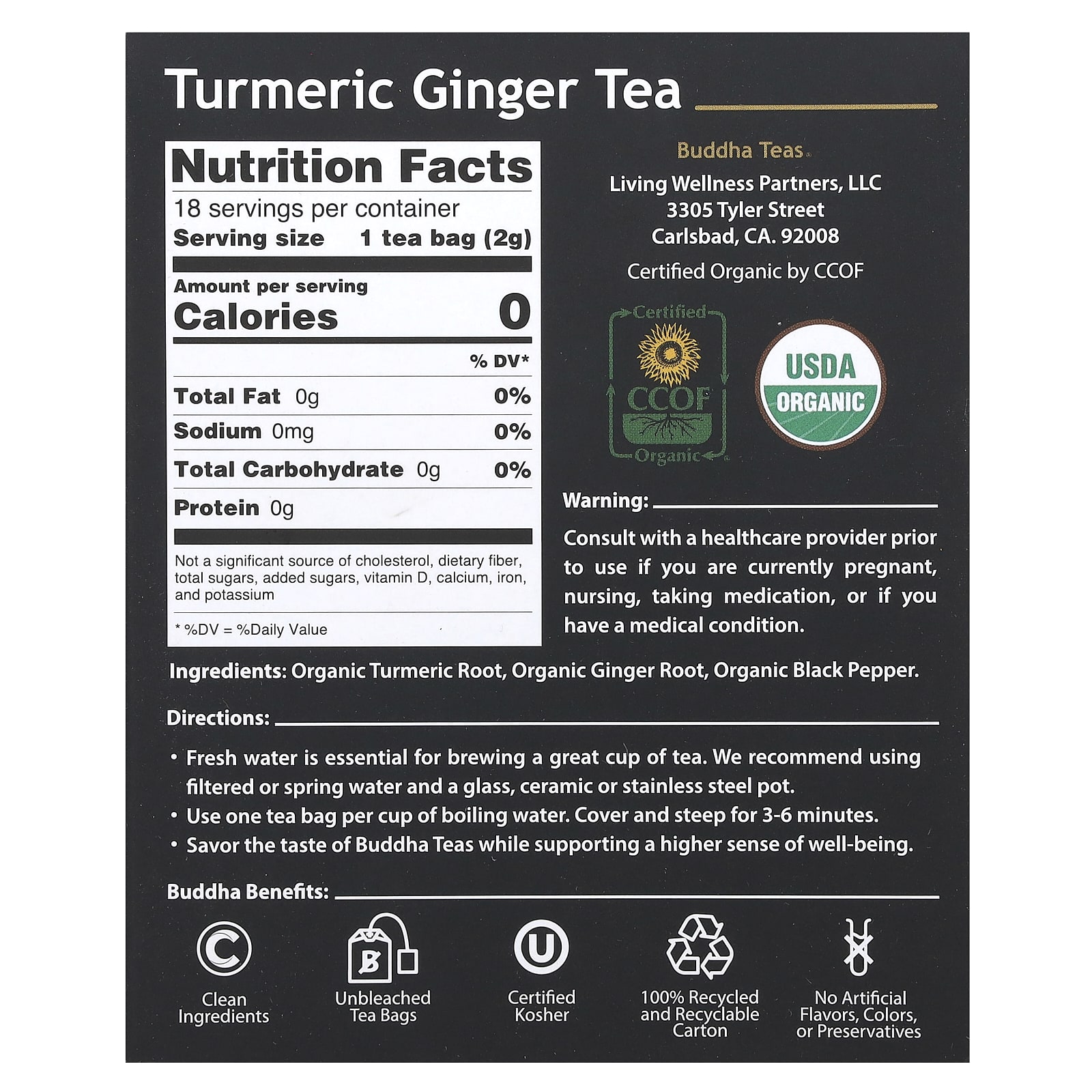 Травяной чай Buddha Teas Organic Turmeric Ginger 18 Tea Bags, без кофеина, 36 г, чайные пакетики — фото 2